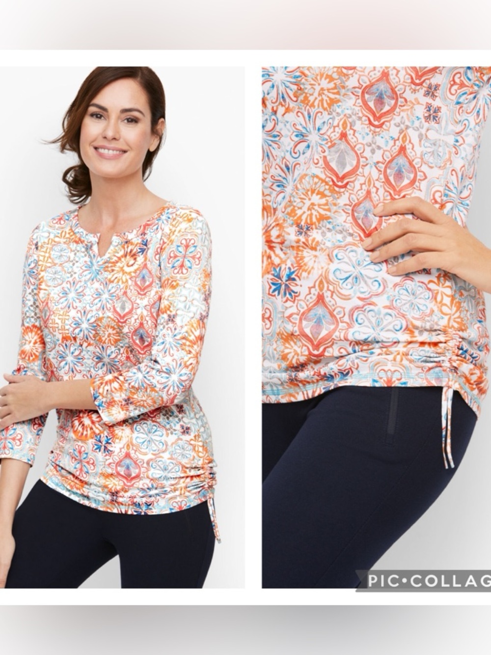 EUC Talbots Plus Size Fresh Water Medallion Printed Split Neck Ruched Tee